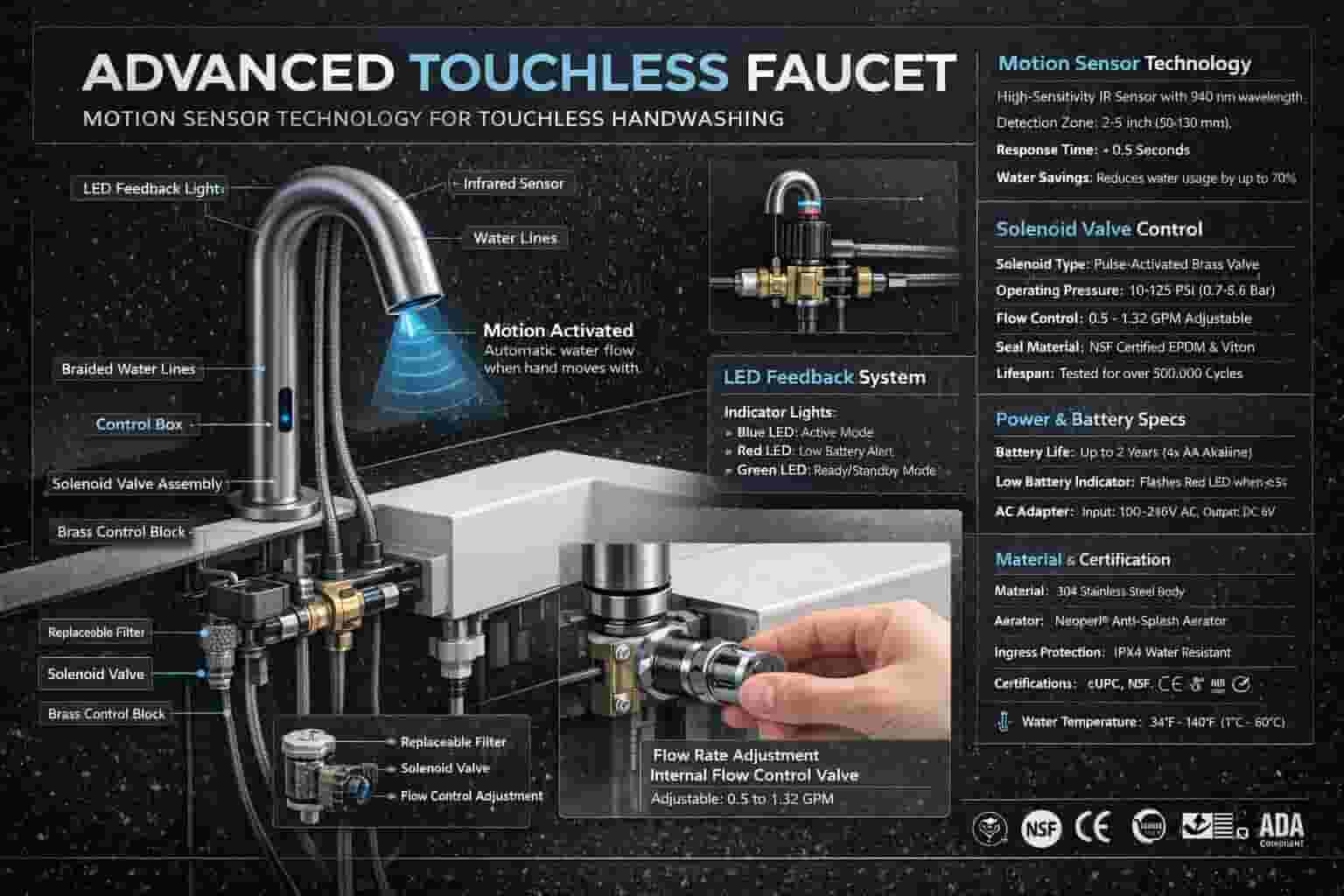Row of touchless soap dispensers in corporate headquarters restroom